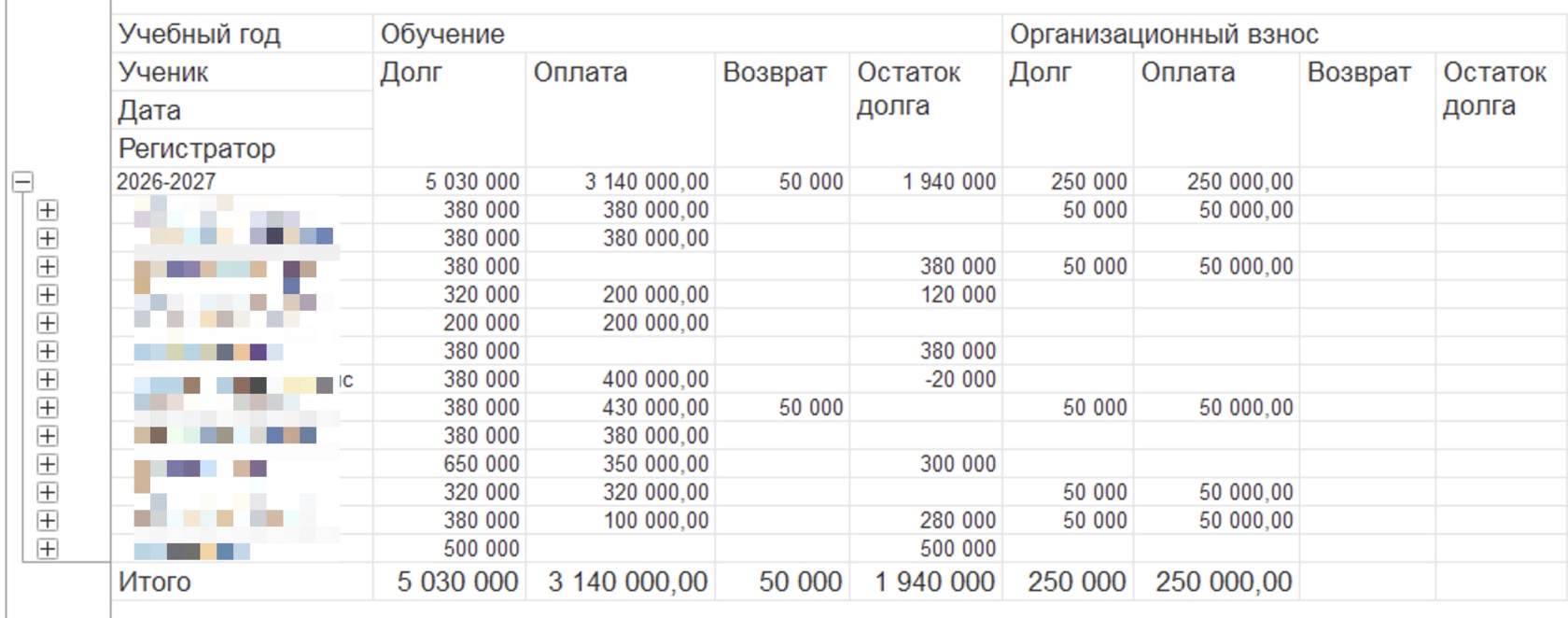 Отчёт в 1С: долги, оплаты, возвраты и остаток долга по учебному году 2026–2027 по каждому ученику
